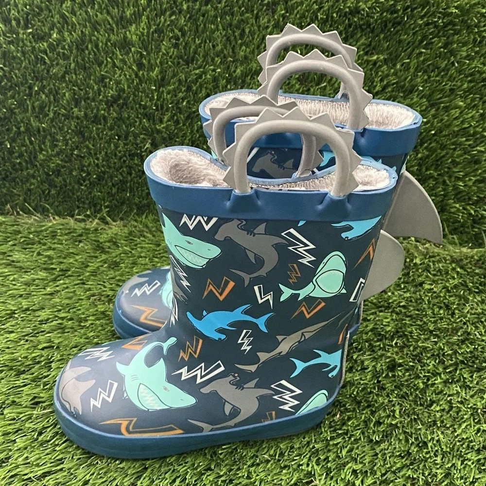 Members Mark Easy Pull-On Shark Rain Boots Wellies Kids 7/8 Blue Faux fur Lined